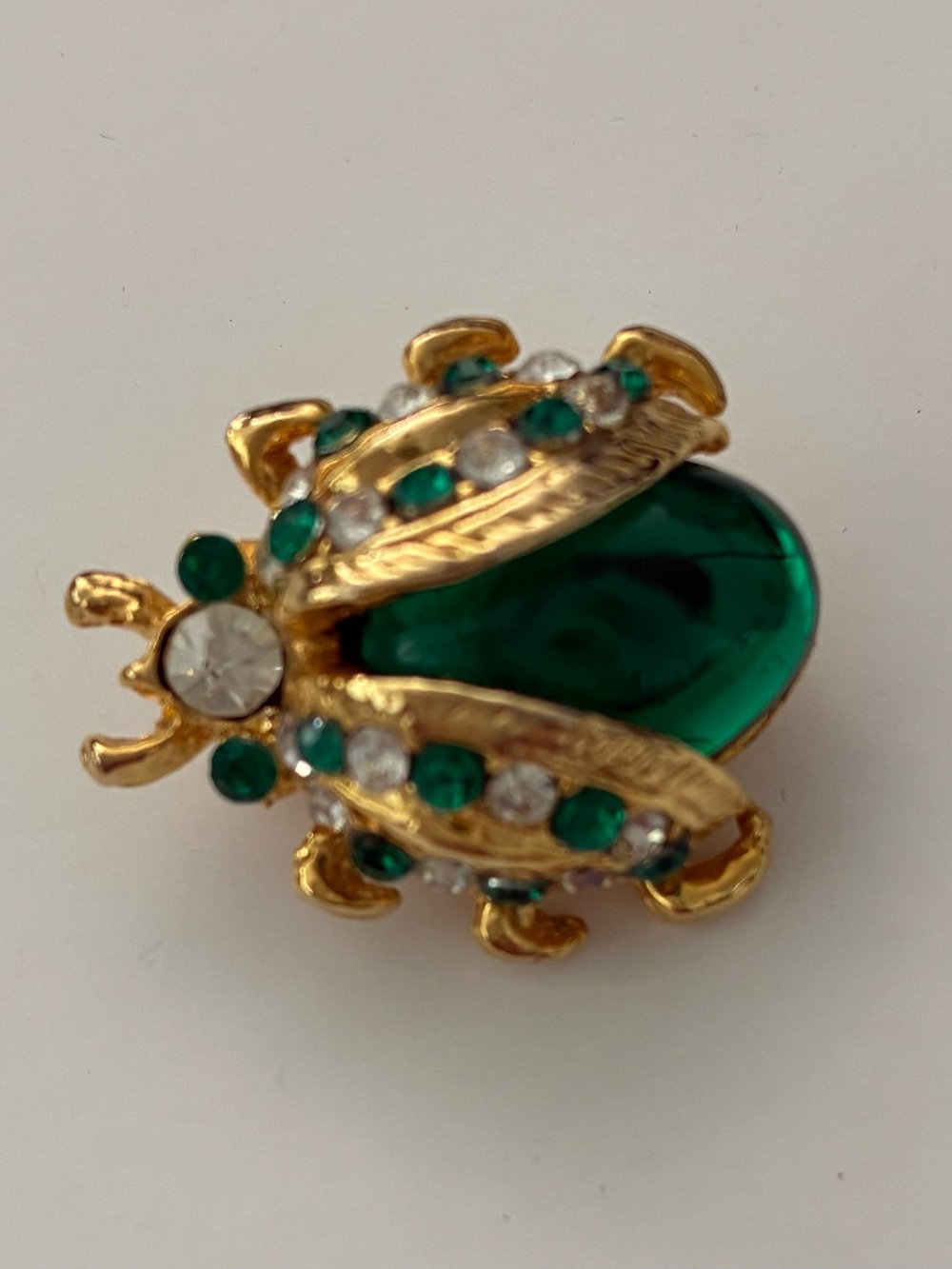 Gold-Tone Emerald Crystal Ladybug Brooch - Green